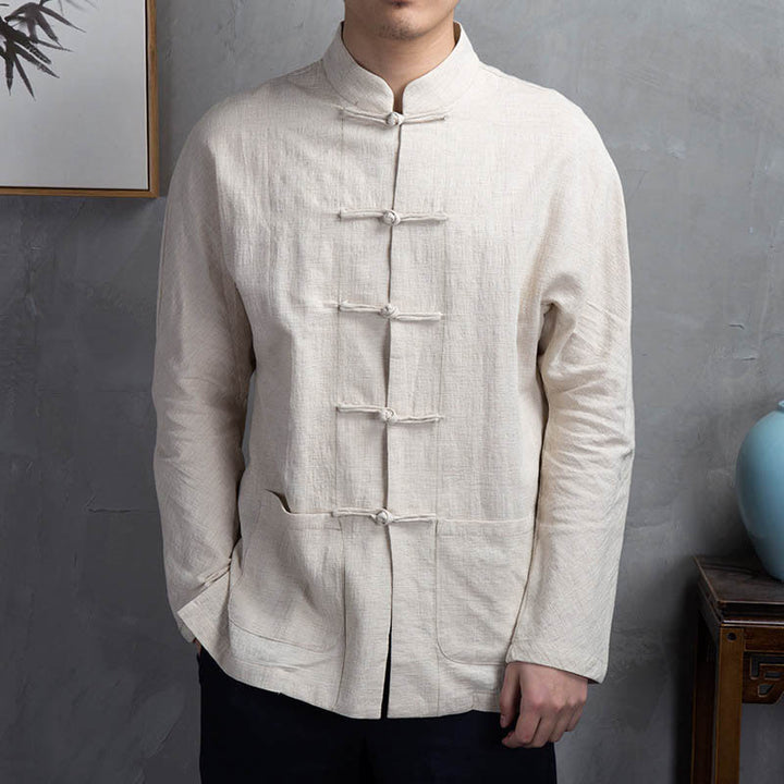 Camicia da uomo casual con bottoni a rana, tinta unita, motivo Buddha Stones - image 1