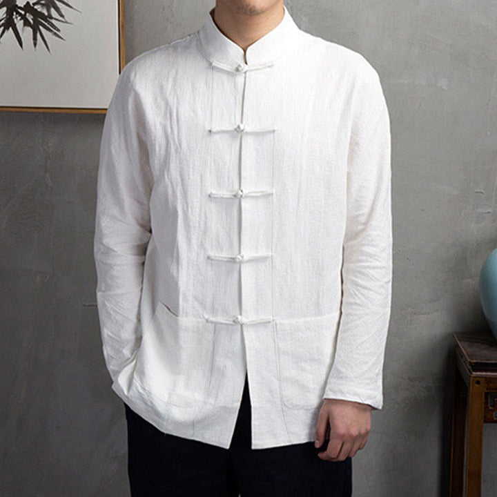 Camicia da uomo casual con bottoni a rana, tinta unita, motivo Buddha Stones - image 5