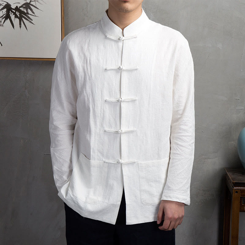 Camicia da uomo casual con bottoni a rana, tinta unita, motivo Buddha Stones - Bianco - US/UK/AU44, EU54 (5XL) - image 4