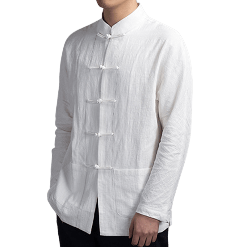 Camicia da uomo casual con bottoni a rana, tinta unita, motivo Buddha Stones - image 8