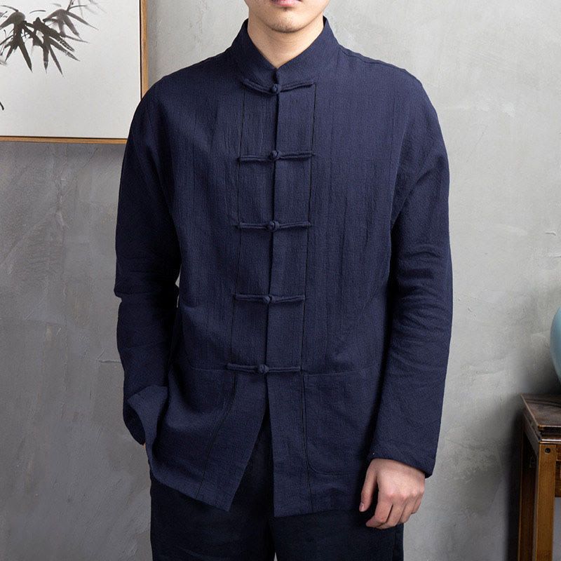 Camicia da uomo casual con bottoni a rana, tinta unita, motivo Buddha Stones - Blu notte - US/UK/AU44, EU54 (5XL) - image 9