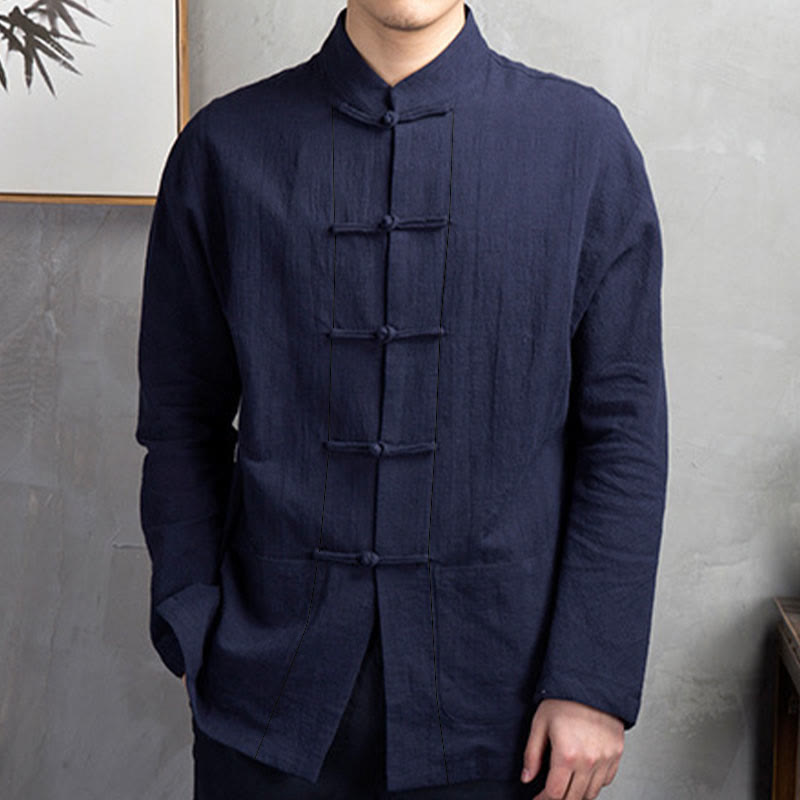 Camicia da uomo casual con bottoni a rana, tinta unita, motivo Buddha Stones - image 15