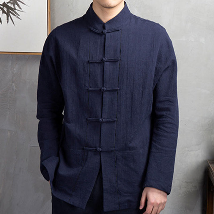 Camicia da uomo casual con bottoni a rana, tinta unita, motivo Buddha Stones - image 15