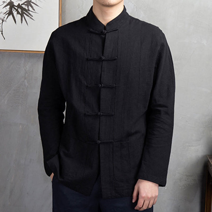 Camicia da uomo casual con bottoni a rana, tinta unita, motivo Buddha Stones - image 23