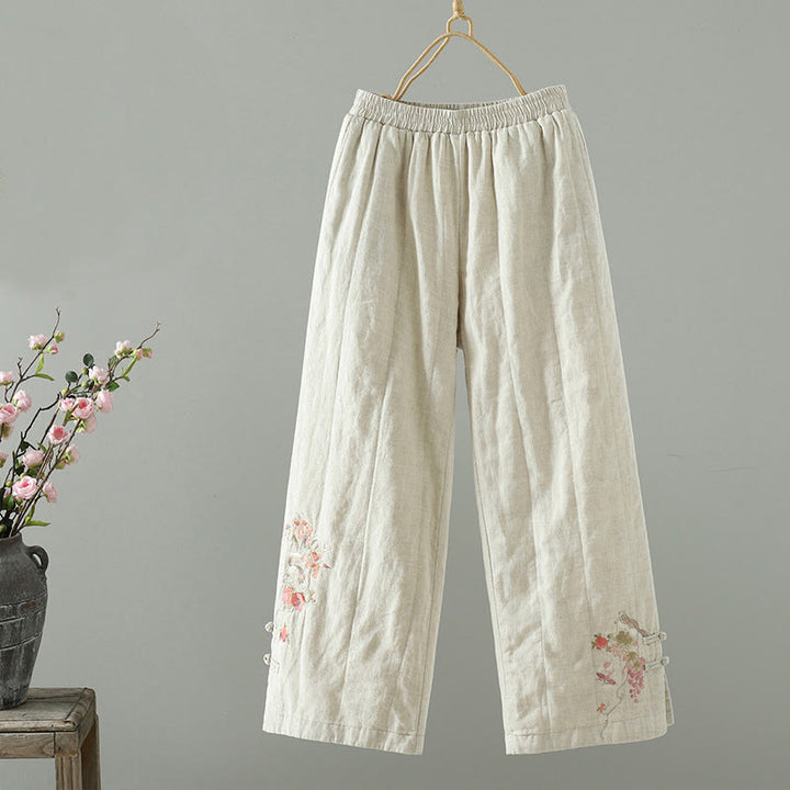 Pantaloni larghi da donna imbottiti con tasche, bottoni a forma di rana ricamati Buddha Stones - Beige - US8-10, UK/AU12-14, EU40-42 (2XL) - image 6