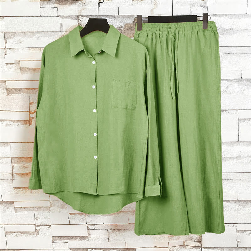 Buddha Stones 2 pezzi camicia a maniche lunghe con tasche pantaloni con coulisse meditazione cotone lino abbigliamento da donna set - image 5