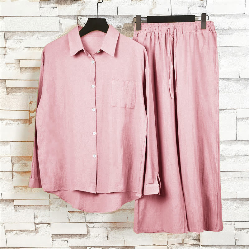 Buddha Stones 2 pezzi camicia a maniche lunghe con tasche pantaloni con coulisse meditazione cotone lino abbigliamento da donna set - image 11