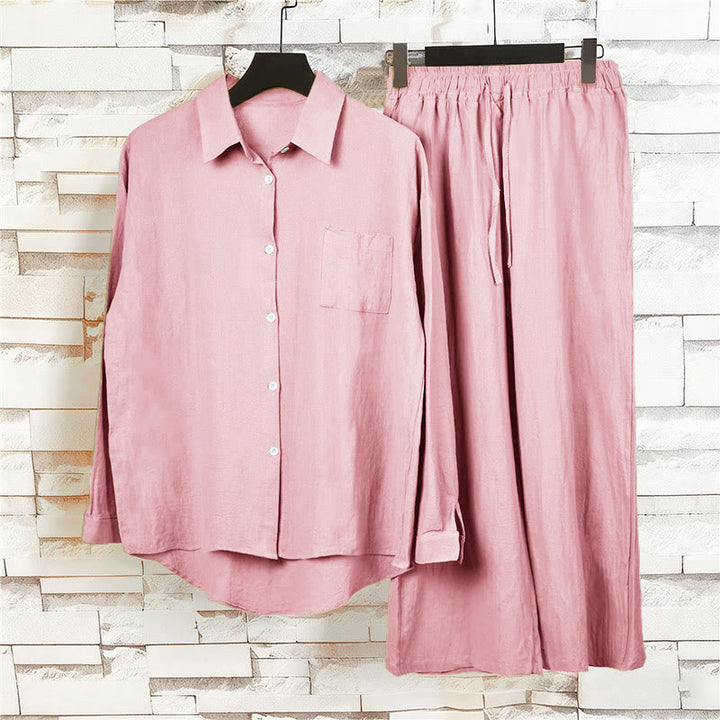 Buddha Stones 2 pezzi camicia a maniche lunghe con tasche pantaloni con coulisse meditazione cotone lino abbigliamento da donna set - image 11