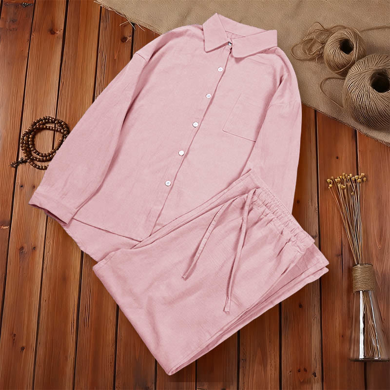 Buddha Stones 2 pezzi camicia a maniche lunghe con tasche pantaloni con coulisse meditazione cotone lino abbigliamento da donna set - image 7