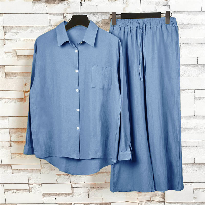 Buddha Stones 2 pezzi camicia a maniche lunghe con tasche pantaloni con coulisse meditazione cotone lino abbigliamento da donna set - image 23