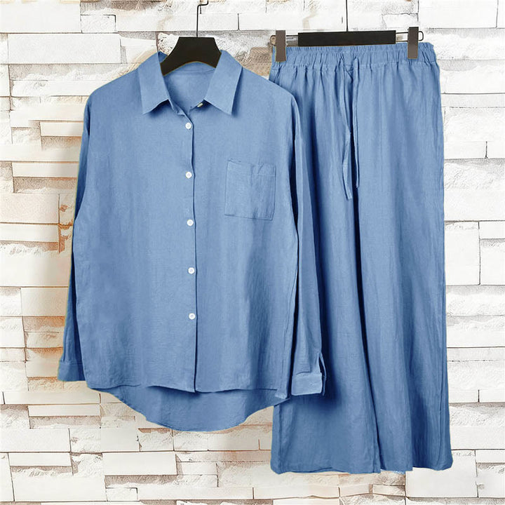 Buddha Stones 2 pezzi camicia a maniche lunghe con tasche pantaloni con coulisse meditazione cotone lino abbigliamento da donna set - image 23