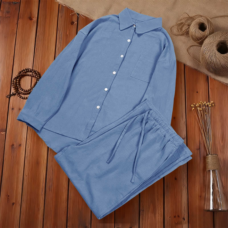 Buddha Stones 2 pezzi camicia a maniche lunghe con tasche pantaloni con coulisse meditazione cotone lino abbigliamento da donna set - image 19