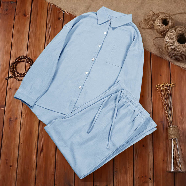 Buddha Stones 2 pezzi camicia a maniche lunghe con tasche pantaloni con coulisse meditazione cotone lino abbigliamento da donna set - image 25
