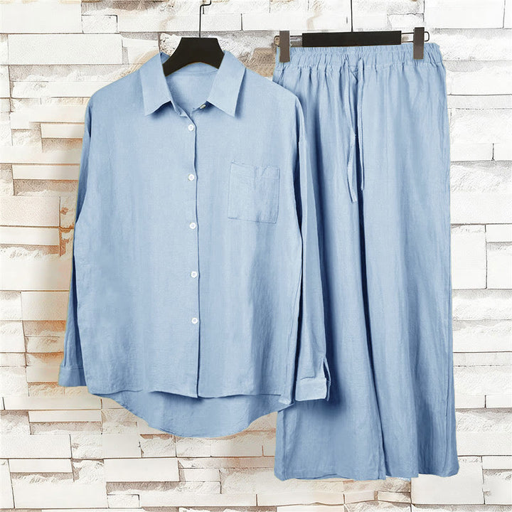 Buddha Stones 2 pezzi camicia a maniche lunghe con tasche pantaloni con coulisse meditazione cotone lino abbigliamento da donna set - image 29