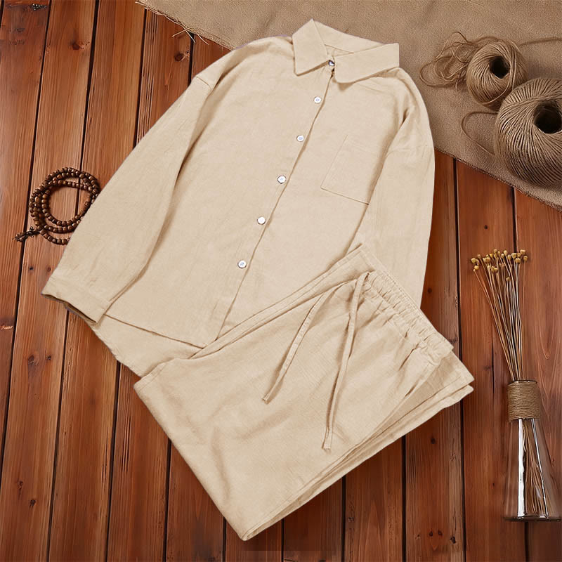 Buddha Stones 2 pezzi camicia a maniche lunghe con tasche pantaloni con coulisse meditazione cotone lino abbigliamento da donna set - image 13