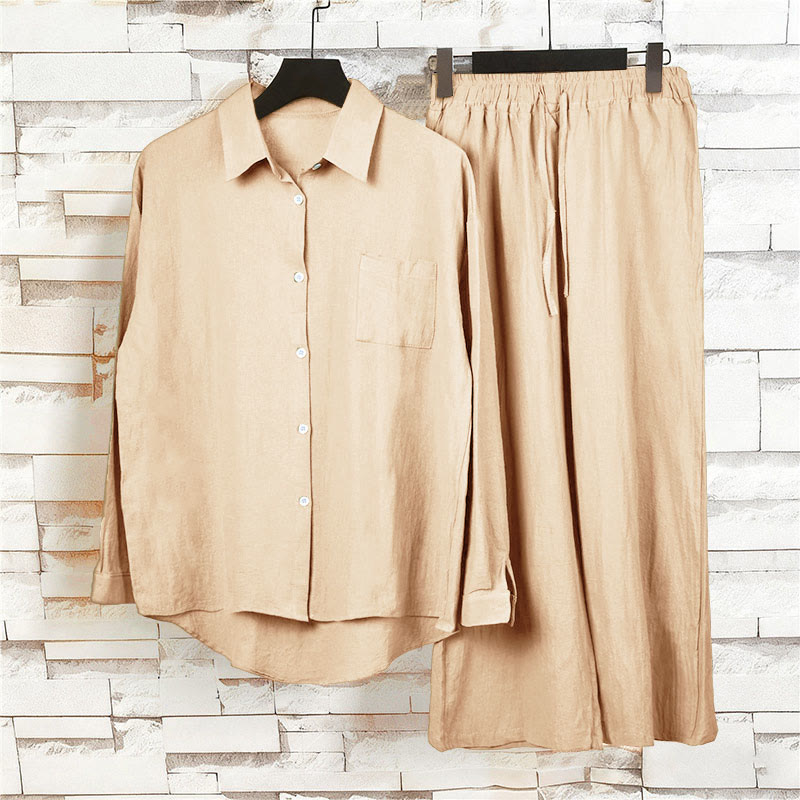 Buddha Stones 2 pezzi camicia a maniche lunghe con tasche pantaloni con coulisse meditazione cotone lino abbigliamento da donna set - image 17