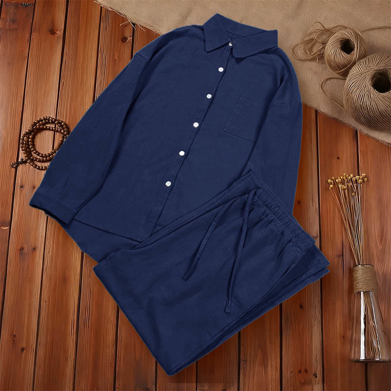 Buddha Stones 2 pezzi camicia a maniche lunghe con tasche pantaloni con coulisse meditazione cotone lino abbigliamento da donna set - image 31