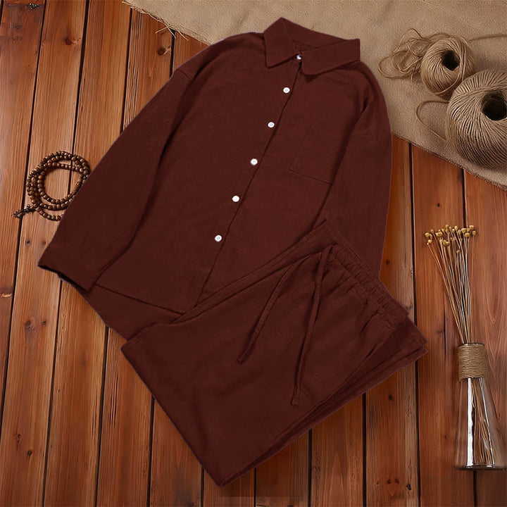 Buddha Stones 2 pezzi camicia a maniche lunghe con tasche pantaloni con coulisse meditazione cotone lino abbigliamento da donna set - image 37