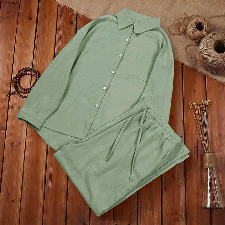 Buddha Stones 2 pezzi camicia a maniche lunghe con tasche pantaloni con coulisse meditazione cotone lino abbigliamento da donna set - image 43