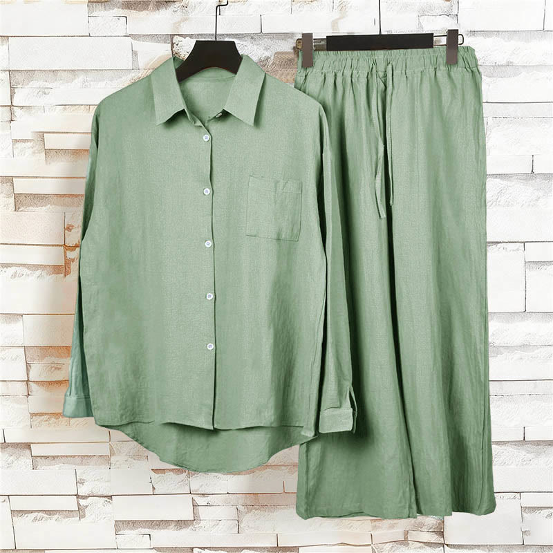 Buddha Stones 2 pezzi camicia a maniche lunghe con tasche pantaloni con coulisse meditazione cotone lino abbigliamento da donna set - image 47