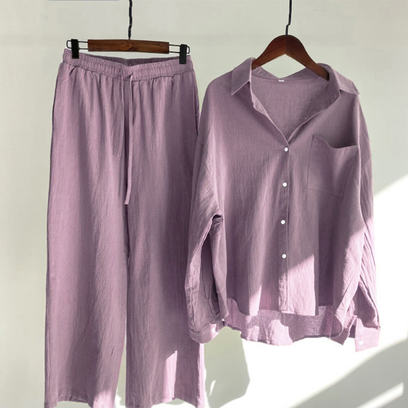 Buddha Stones 2 pezzi camicia a maniche lunghe con tasche pantaloni con coulisse meditazione cotone lino abbigliamento da donna set - RossoViolaPale - US20, UK/AU24, EU52 (5XL) - image 54