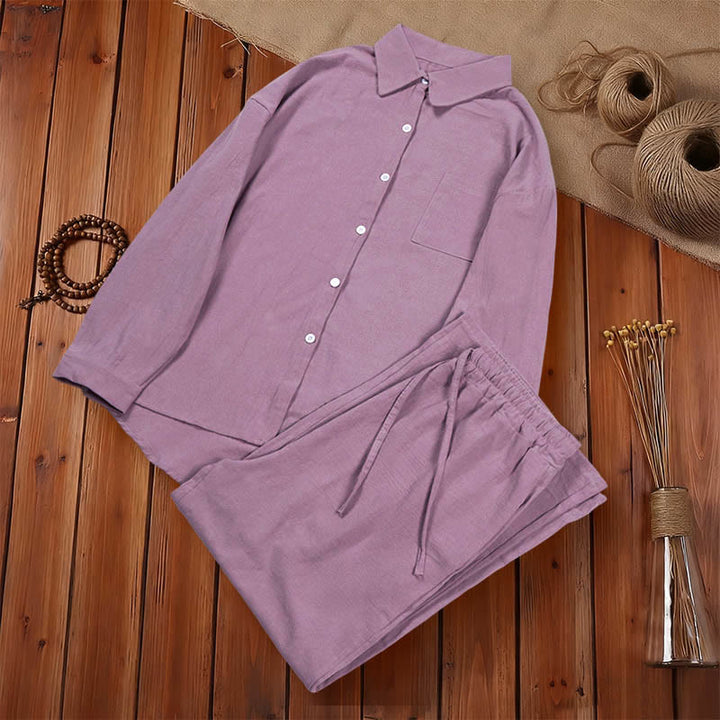 Completo da donna in cotone con stampa Buddha Stones, composto da 2 pezzi: maglia a maniche lunghe con tasche e pantaloni capri con coulisse, ideale per la meditazione. - image 55
