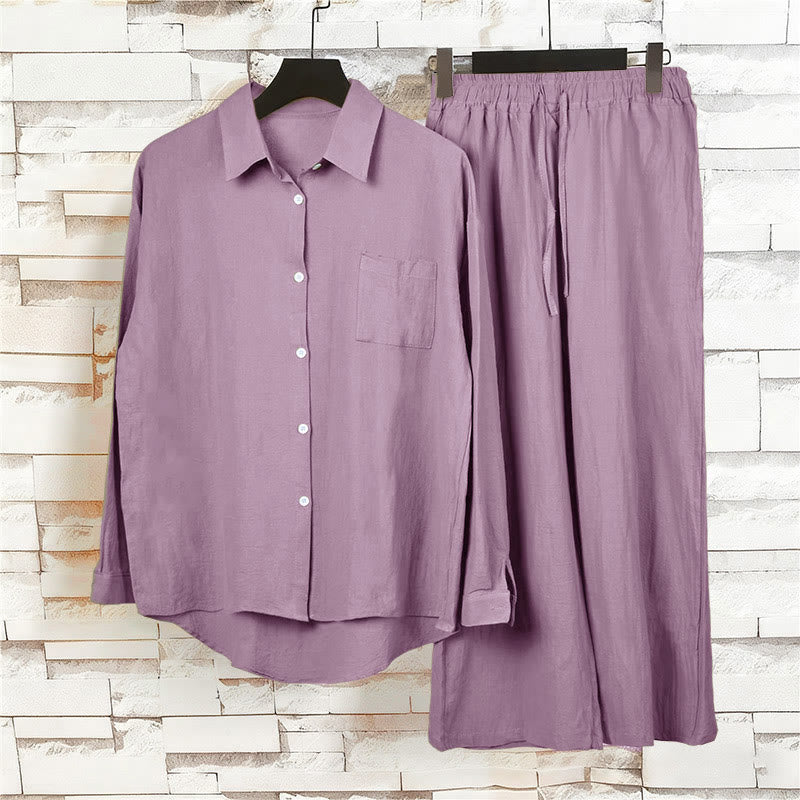 Buddha Stones 2 pezzi camicia a maniche lunghe con tasche pantaloni con coulisse meditazione cotone lino abbigliamento da donna set - image 59