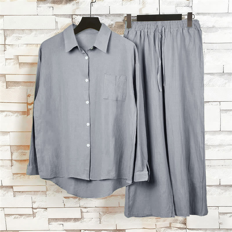 Buddha Stones 2 pezzi camicia a maniche lunghe con tasche pantaloni con coulisse meditazione cotone lino abbigliamento da donna set - image 52