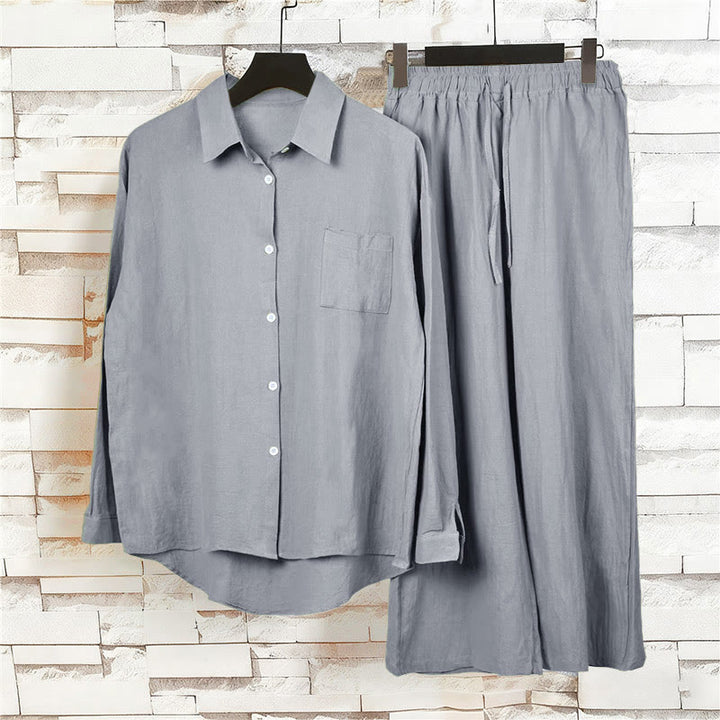 Buddha Stones 2 pezzi camicia a maniche lunghe con tasche pantaloni con coulisse meditazione cotone lino abbigliamento da donna set - image 52