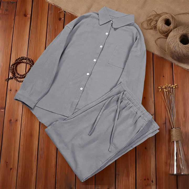 Completo da donna in cotone con stampa Buddha Stones, composto da 2 pezzi: maglia a maniche lunghe con tasche e pantaloni capri con coulisse, ideale per la meditazione. - image 49