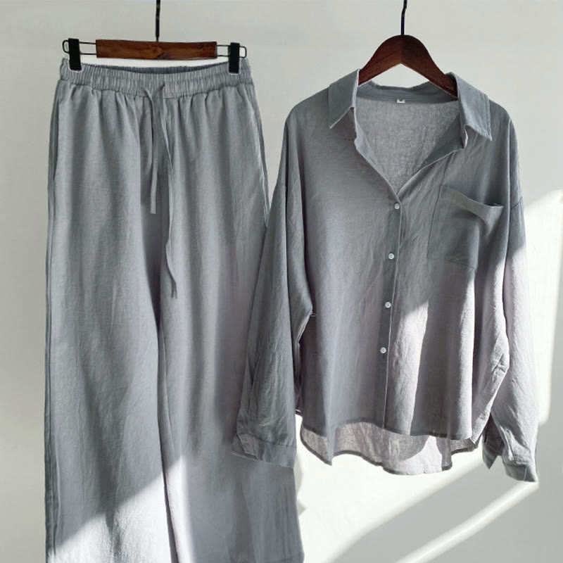 Buddha Stones 2 pezzi camicia a maniche lunghe con tasche pantaloni con coulisse meditazione cotone lino abbigliamento da donna set - Grigio - US20, UK/AU24, EU52 (5XL) - image 48