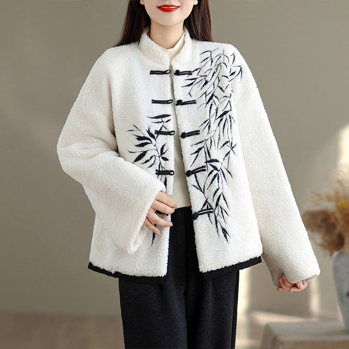 Giacca da donna in cotone spesso con maniche lunghe ricamate e tasche Buddha Stones - Bianco - US16, UK/AU20, EU48 (3XL) - image 0