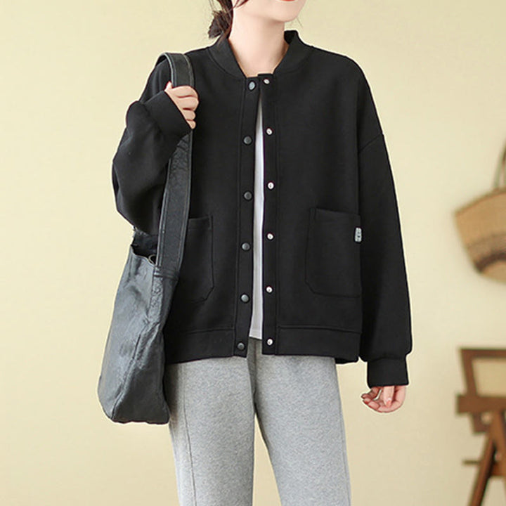 Giacca da donna in cotone con maniche lunghe, scollo rotondo, bottoni e tasche , Buddha Stones Plain - image 6