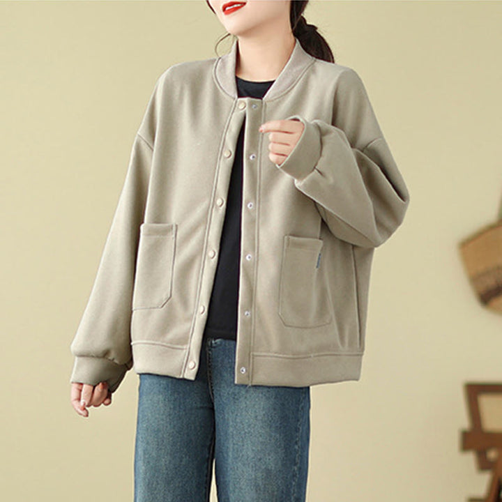 Giacca da donna in cotone con maniche lunghe, scollo rotondo, bottoni e tasche , Buddha Stones Plain - image 10
