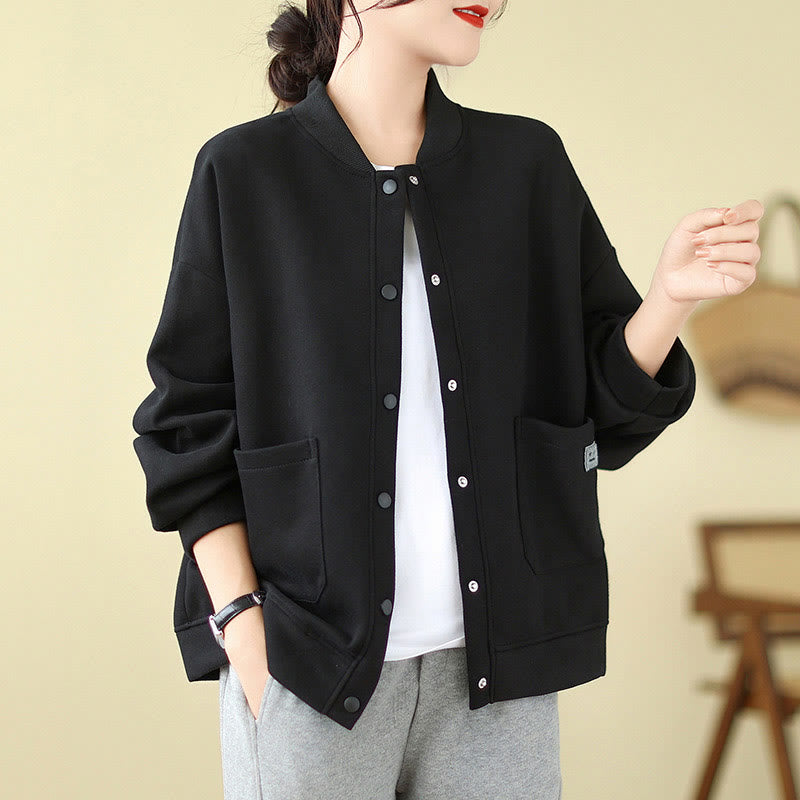 Giacca da donna in cotone con maniche lunghe, scollo rotondo, bottoni e tasche , Buddha Stones Plain - Nero - US12, UK/AU16, EU44 (XL) - image 0