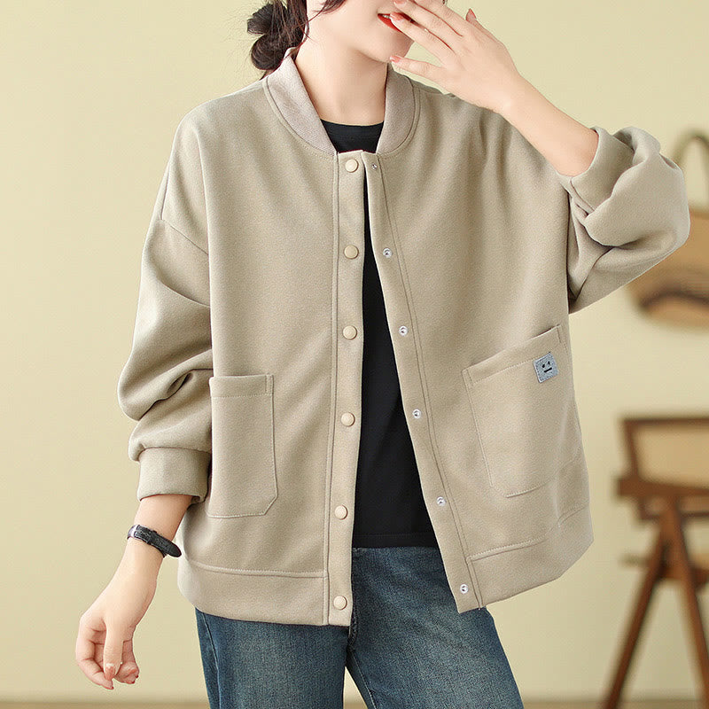Giacca da donna in cotone con maniche lunghe, scollo rotondo, bottoni e tasche , Buddha Stones Plain - Beige - US12, UK/AU16, EU44 (XL) - image 7