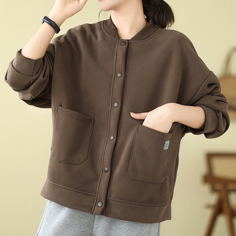 Giacca da donna in cotone con maniche lunghe, scollo rotondo, bottoni e tasche , Buddha Stones Plain - image 19