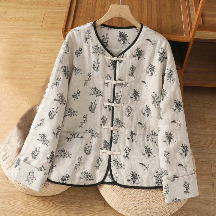 Giacca imbottita in cotone a maniche lunghe con bottoni a rana e ricamo Buddha Stones da donna con tasche - Bianco - US14, UK/AU18, EU46 (2XL) - image 0
