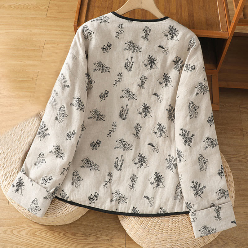 Giacca imbottita in cotone a maniche lunghe con bottoni a rana e ricamo Buddha Stones da donna con tasche - image 1