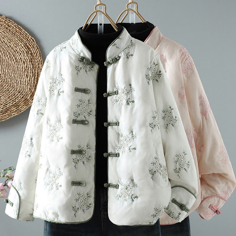 Giacca da donna in cotone spesso con maniche lunghe, bottoni a rana e ricamo Buddha Stones, con tasche - image 0
