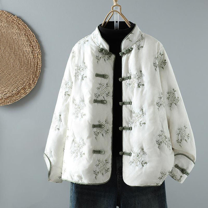 Giacca da donna in cotone spesso con maniche lunghe, bottoni a rana e ricamo Buddha Stones, con tasche - Bianco - US14, UK/AU18, EU46 (2XL) - image 1