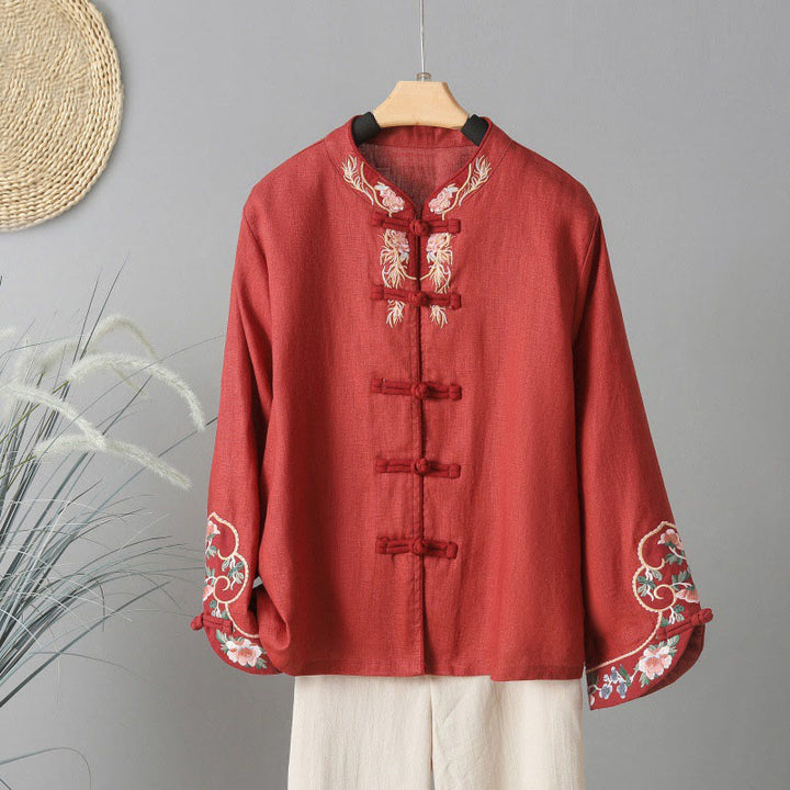 Camicia casual da donna in cotone con collo alto e maniche lunghe ricamate con Buddha Stones - FireBrick - US14, UK/AU18, EU46 (2XL) - image 16
