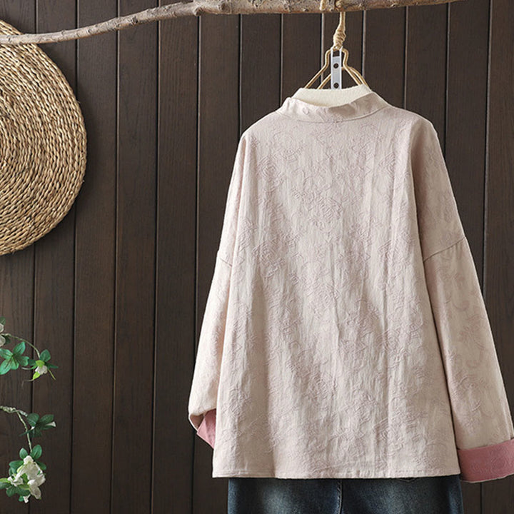 Camicia casual da donna in cotone con colletto rialzato e maniche lunghe con motivo floreale Buddha Stones - image 1