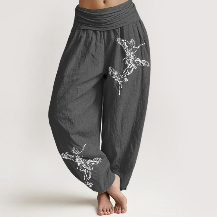 Pantaloni harem in cotone con elastico in vita e motivo a gru volante Buddha Stones - Grigio scuro - US22, UK/AU26, EU54 (6XL) - image 0