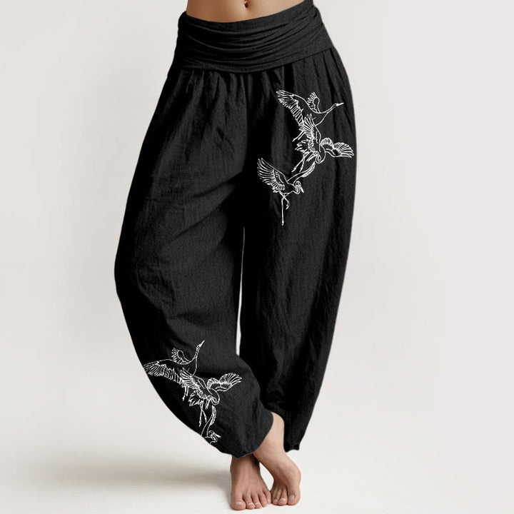 Pantaloni harem in cotone con elastico in vita e motivo a gru volante Buddha Stones - Nero - US22, UK/AU26, EU54 (6XL) - image 5