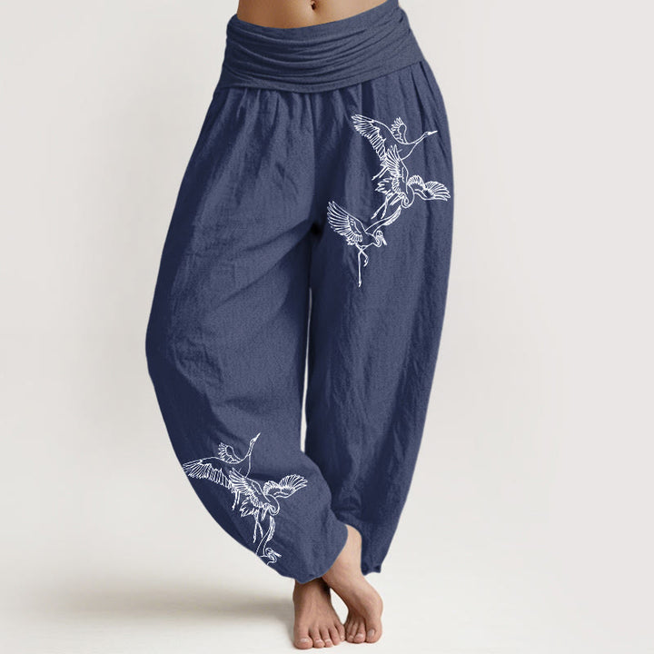 Pantaloni harem in cotone con elastico in vita e motivo a gru volante Buddha Stones - DarkSlateBlue - US22, UK/AU26, EU54 (6XL) - image 8
