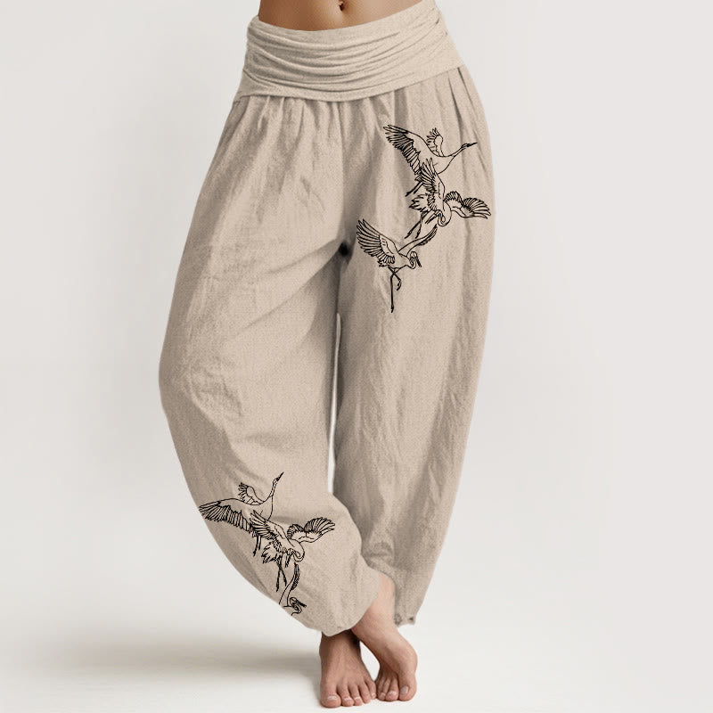 Pantaloni harem in cotone con elastico in vita e motivo a gru volante Buddha Stones - Abbronzatura - US22, UK/AU26, EU54 (6XL) - image 11