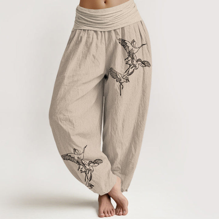 Pantaloni harem in cotone con elastico in vita e motivo a gru volante Buddha Stones - Abbronzatura - US22, UK/AU26, EU54 (6XL) - image 11