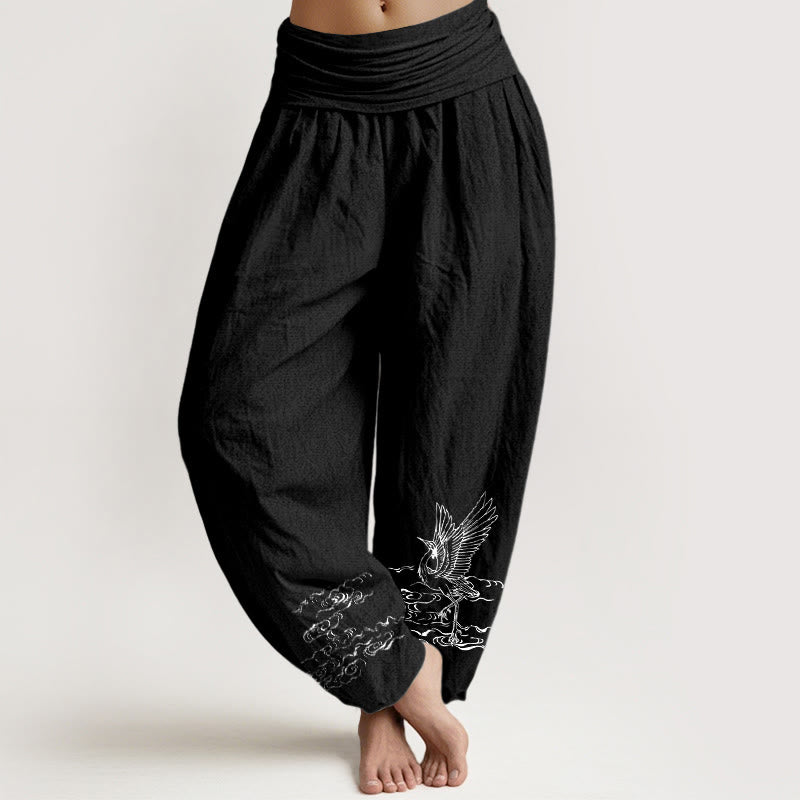 Pantaloni harem in cotone con elastico in vita, motivo Buddha Stones Crane e acqua che scorre, da donna - Nero - US22, UK/AU26, EU54 (6XL) - image 5