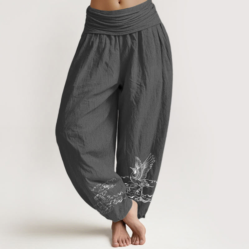 Pantaloni harem in cotone con elastico in vita, motivo Buddha Stones Crane e acqua che scorre, da donna - Grigio tenue - US22, UK/AU26, EU54 (6XL) - image 8